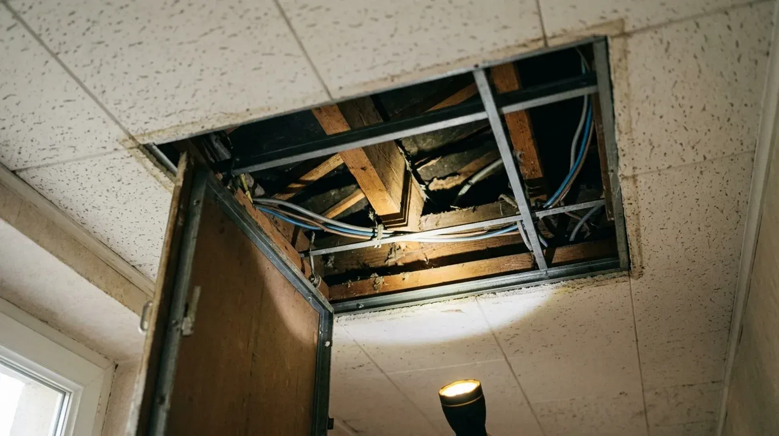 Trappe de visite ouverte sur un faux plafond des années 1970, ossature et gaines apparentes